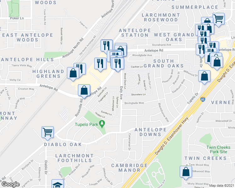 map of restaurants, bars, coffee shops, grocery stores, and more near Sylmar Lane in Sacramento