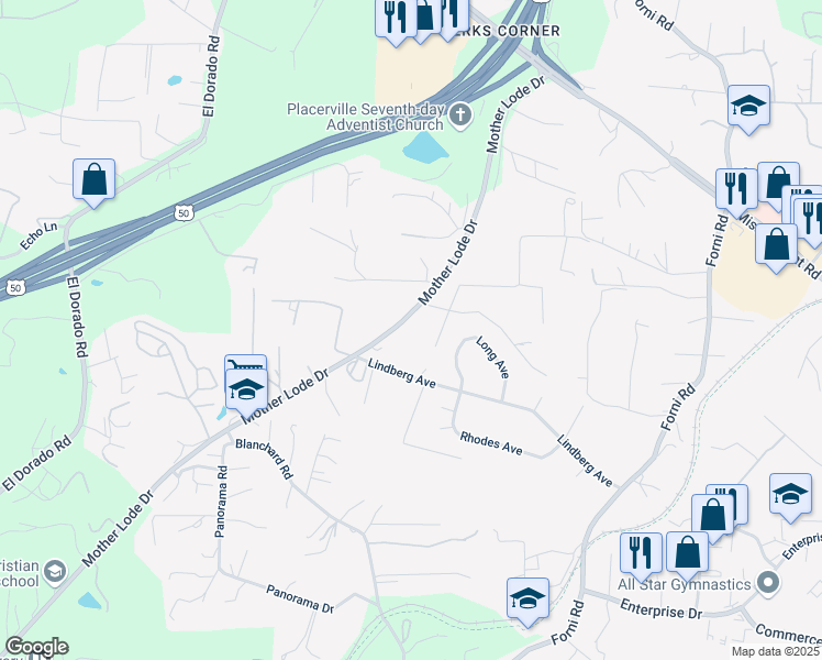 map of restaurants, bars, coffee shops, grocery stores, and more near 6600 Mother Lode Drive in Placerville