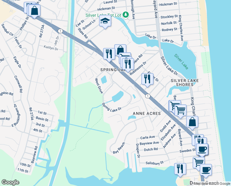 map of restaurants, bars, coffee shops, grocery stores, and more near 109 Spring Lake Drive in Rehoboth Beach