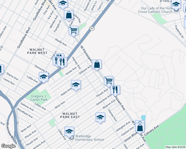 map of restaurants, bars, coffee shops, grocery stores, and more near 5531 Robin Avenue in St. Louis