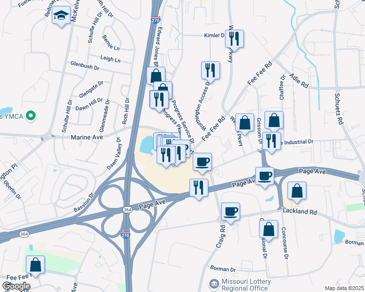 map of restaurants, bars, coffee shops, grocery stores, and more near 2330 West Port Plaza Drive in Saint Louis