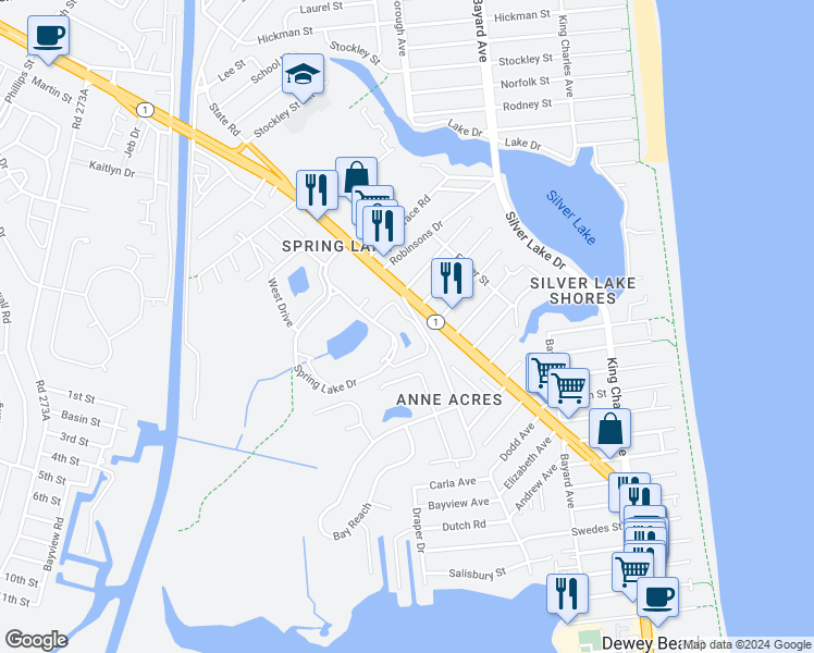 map of restaurants, bars, coffee shops, grocery stores, and more near 20842 East Drive in Dewey Beach
