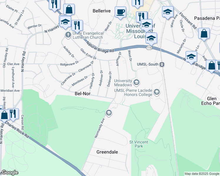 map of restaurants, bars, coffee shops, grocery stores, and more near 2932 Delavan Drive in St. Louis