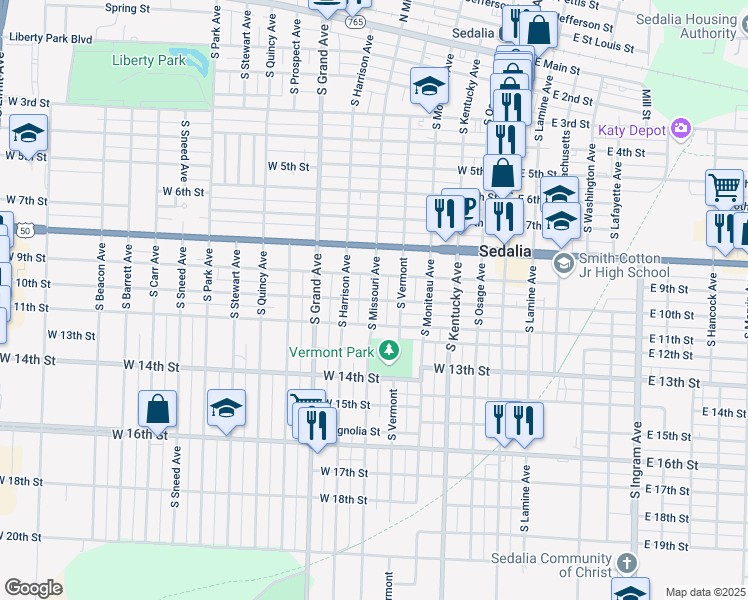 map of restaurants, bars, coffee shops, grocery stores, and more near 999 South Missouri Avenue in Sedalia