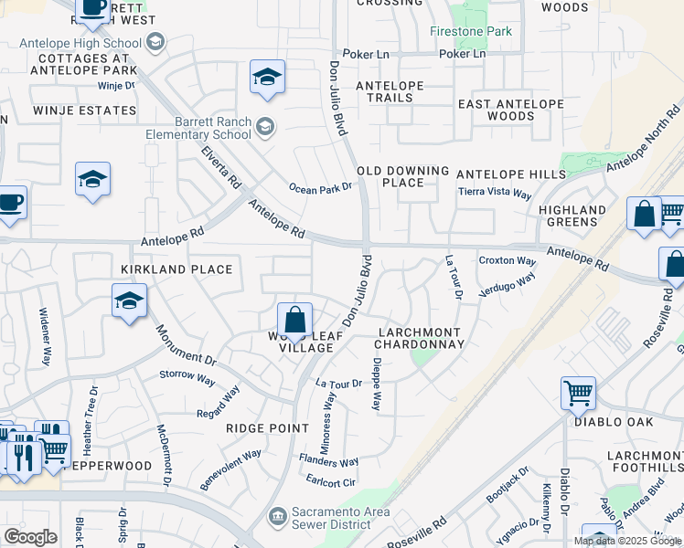map of restaurants, bars, coffee shops, grocery stores, and more near 5030 Antelope Road in Antelope
