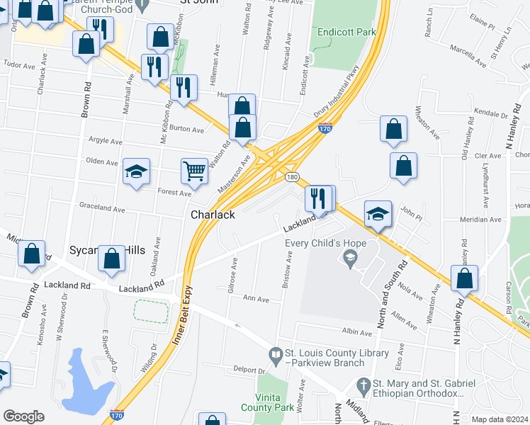map of restaurants, bars, coffee shops, grocery stores, and more near 2646 San Rafael Place in St. Louis