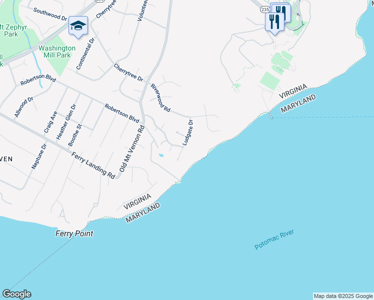 map of restaurants, bars, coffee shops, grocery stores, and more near 9401 Ludgate Drive in Alexandria