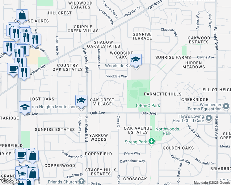 map of restaurants, bars, coffee shops, grocery stores, and more near 8183 Shane Lane in Citrus Heights