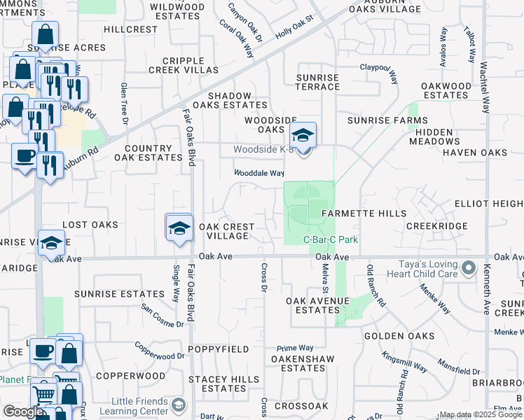 map of restaurants, bars, coffee shops, grocery stores, and more near 8183 Shane Lane in Citrus Heights