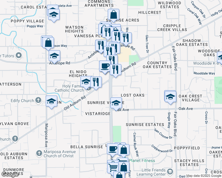 map of restaurants, bars, coffee shops, grocery stores, and more near in Citrus Heights