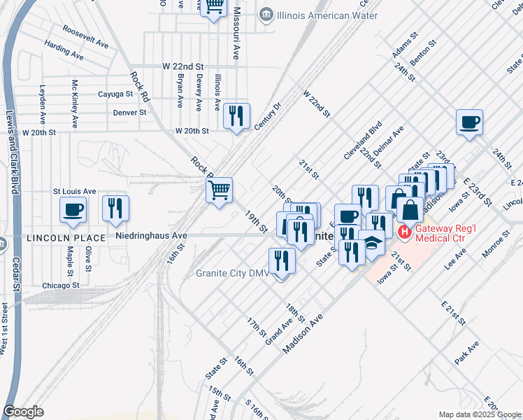 map of restaurants, bars, coffee shops, grocery stores, and more near 1920 Adams Street in Granite City