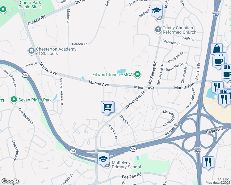 map of restaurants, bars, coffee shops, grocery stores, and more near 2331 Driftwood Place in St. Louis