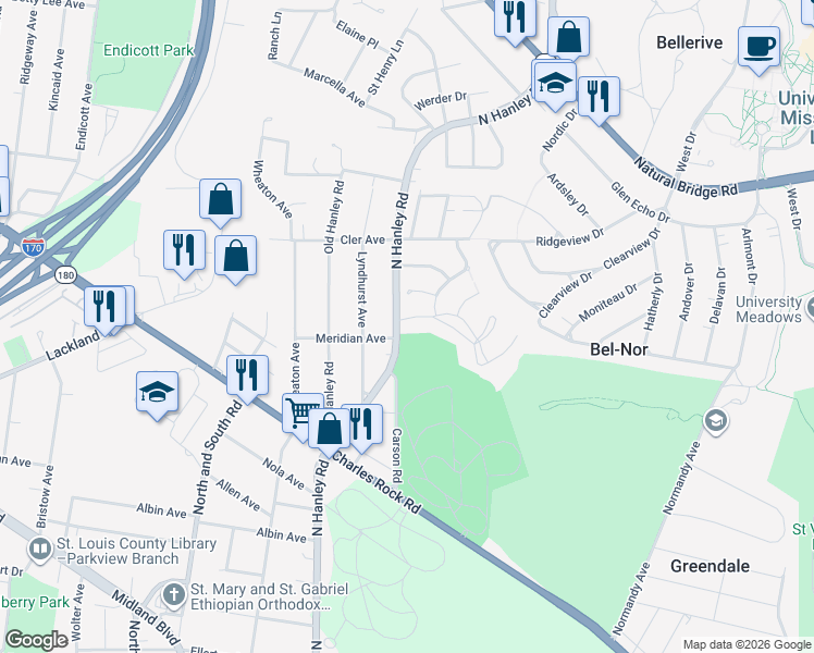 map of restaurants, bars, coffee shops, grocery stores, and more near 2812 North Hanley Road in St. Louis