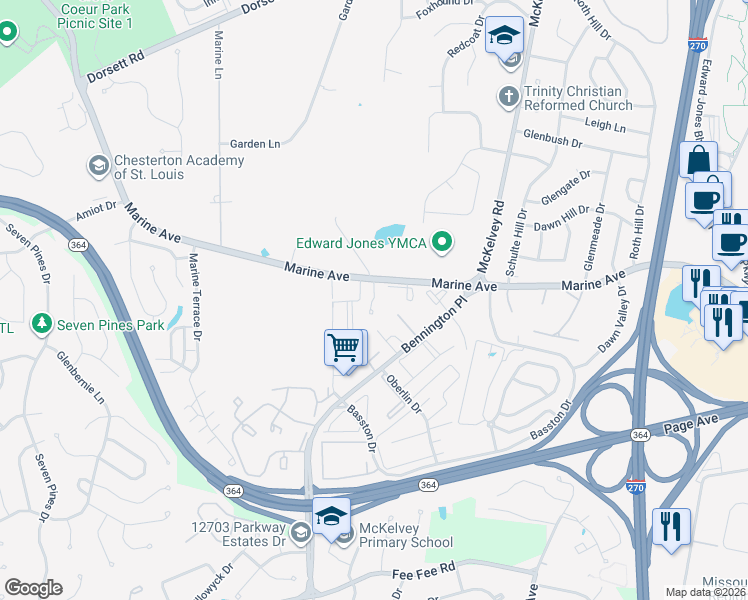 map of restaurants, bars, coffee shops, grocery stores, and more near 2331 Driftwood Place in St. Louis