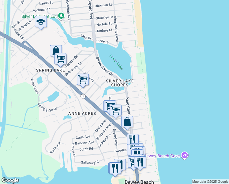 map of restaurants, bars, coffee shops, grocery stores, and more near 121 Chesapeake Street in Dewey Beach