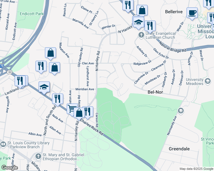 map of restaurants, bars, coffee shops, grocery stores, and more near 7700 Horatio Drive in St. Louis