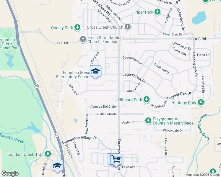map of restaurants, bars, coffee shops, grocery stores, and more near 7010 Ancestra Drive in Fountain
