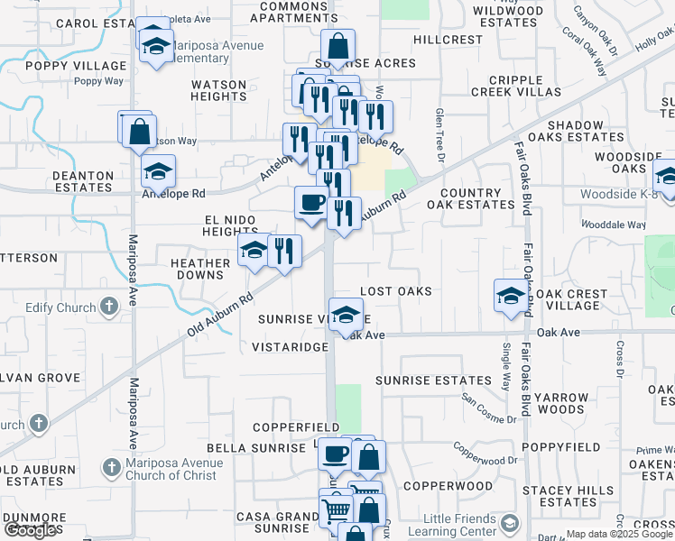map of restaurants, bars, coffee shops, grocery stores, and more near 7516 Sunrise Boulevard in Citrus Heights