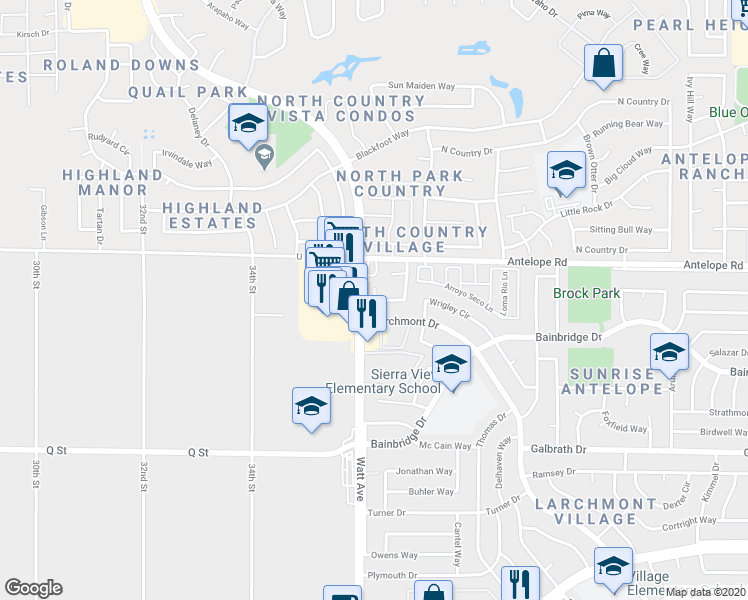 map of restaurants, bars, coffee shops, grocery stores, and more near 7401 Oakvale Court in North Highlands