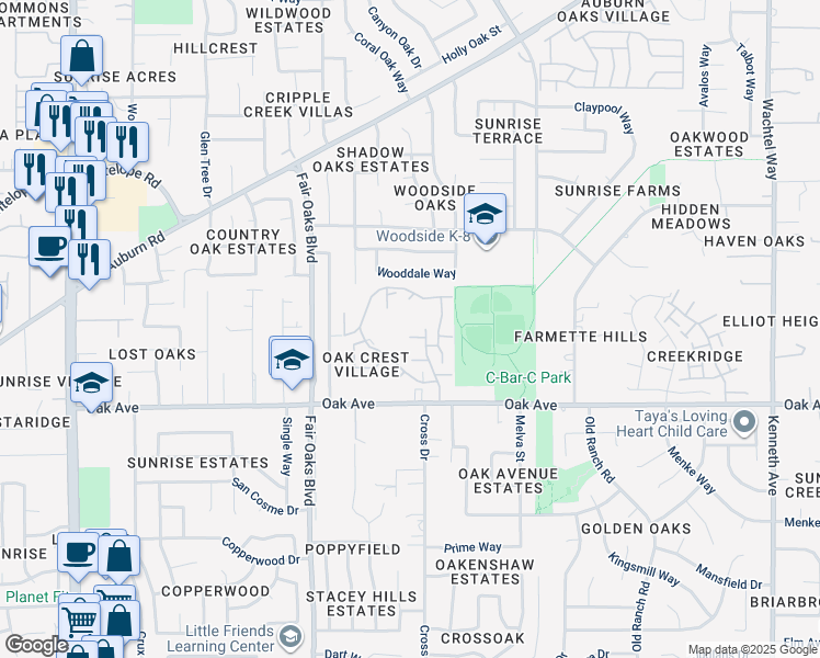 map of restaurants, bars, coffee shops, grocery stores, and more near 8183 Shane Lane in Citrus Heights