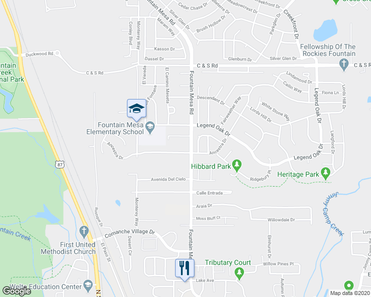 map of restaurants, bars, coffee shops, grocery stores, and more near 1855 Fountain Mesa Road in Fountain