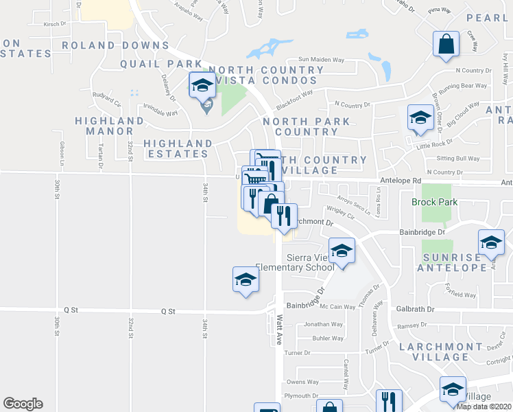 map of restaurants, bars, coffee shops, grocery stores, and more near 7477 Watt Avenue in North Highlands