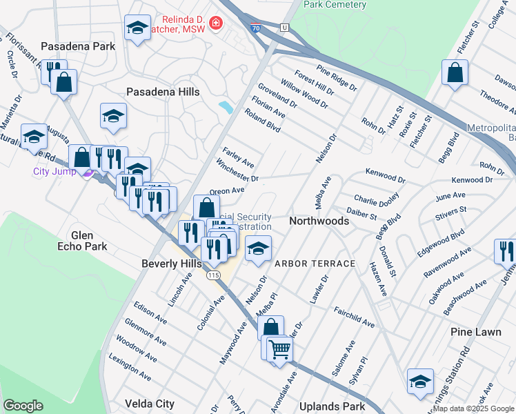 map of restaurants, bars, coffee shops, grocery stores, and more near 4215 Colonial Avenue in St. Louis