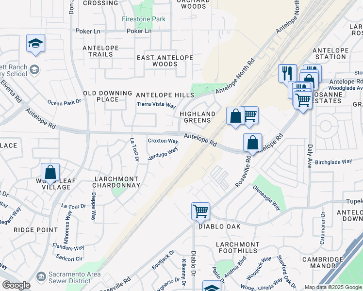map of restaurants, bars, coffee shops, grocery stores, and more near 7565 Verdugo Way in Sacramento