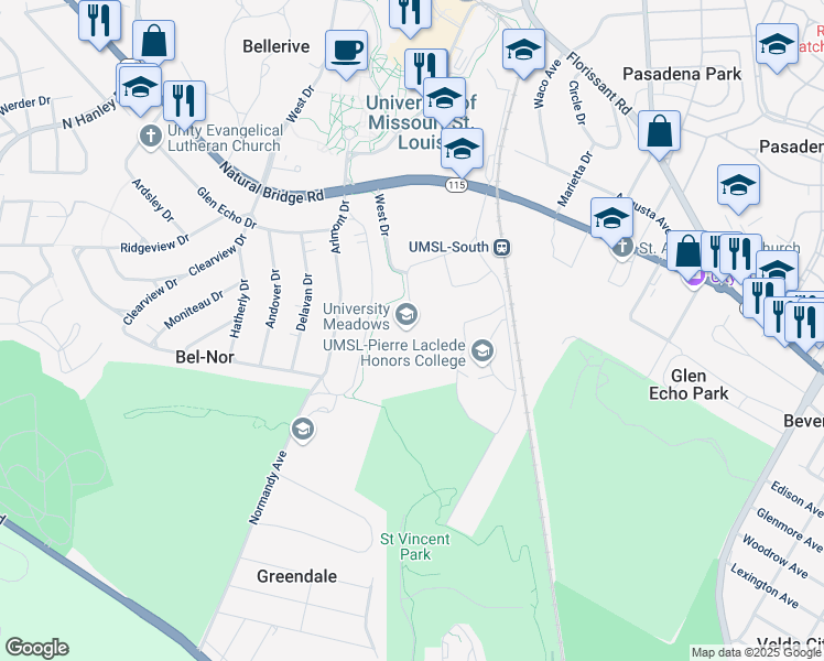 map of restaurants, bars, coffee shops, grocery stores, and more near in St. Louis
