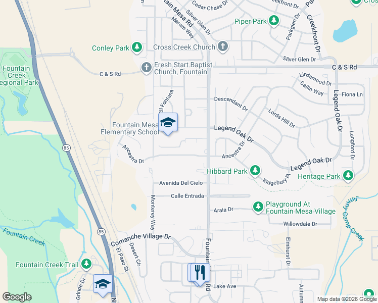 map of restaurants, bars, coffee shops, grocery stores, and more near 7010 Ancestra Drive in Fountain