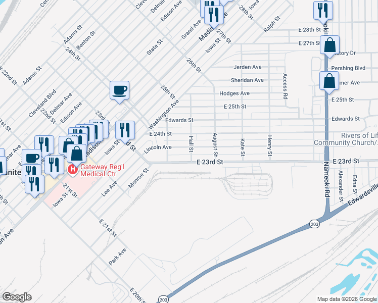 map of restaurants, bars, coffee shops, grocery stores, and more near 2304 Lincoln Avenue in Granite City