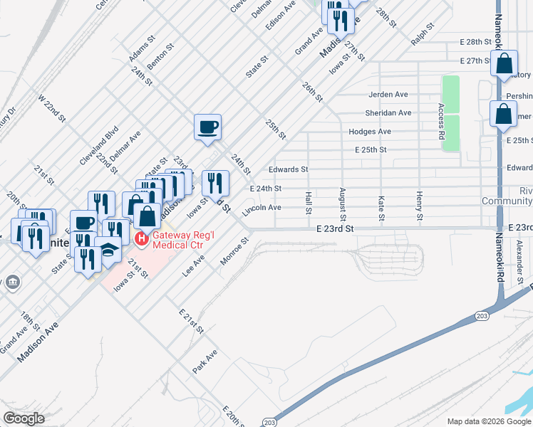map of restaurants, bars, coffee shops, grocery stores, and more near 2122 Lincoln Avenue in Granite City