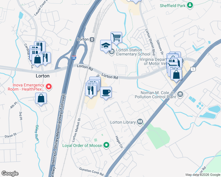 map of restaurants, bars, coffee shops, grocery stores, and more near 7947 Timarand Court in Lorton