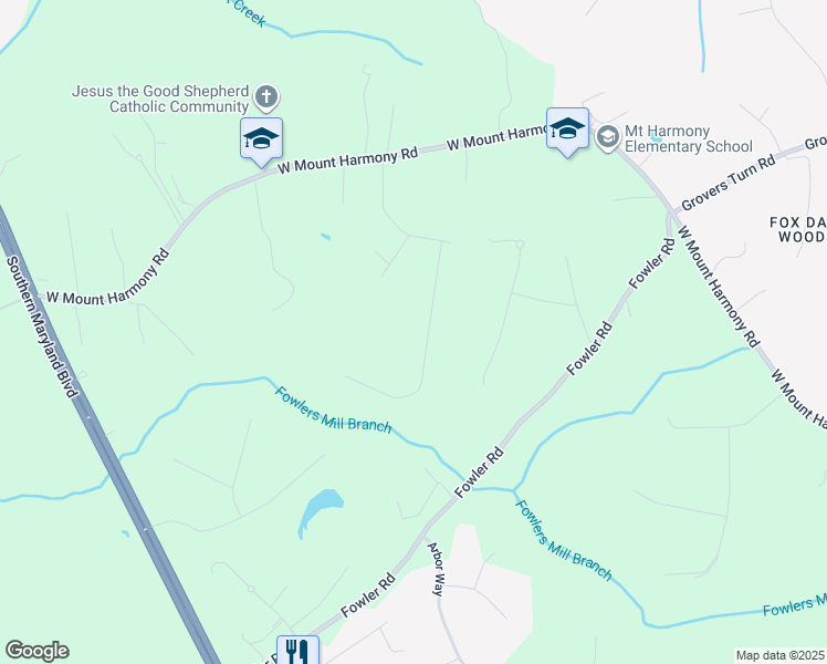 map of restaurants, bars, coffee shops, grocery stores, and more near 8922 Harmony Court in Owings