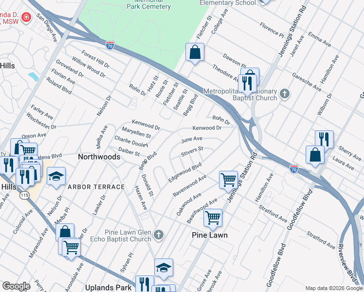 map of restaurants, bars, coffee shops, grocery stores, and more near 4426 June Avenue in St. Louis