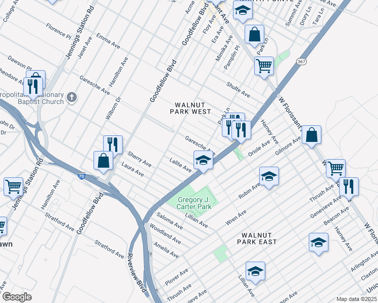 map of restaurants, bars, coffee shops, grocery stores, and more near 5953 Theodore Avenue in St. Louis