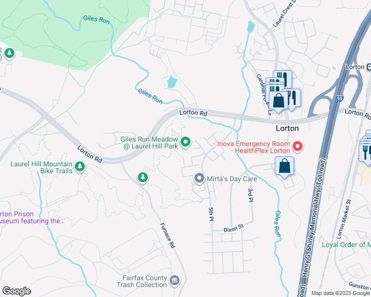 map of restaurants, bars, coffee shops, grocery stores, and more near 8409 Lorton Road in Lorton