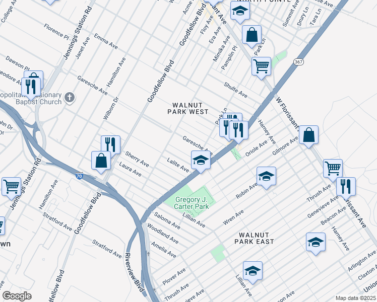 map of restaurants, bars, coffee shops, grocery stores, and more near 5953 Theodore Avenue in St. Louis