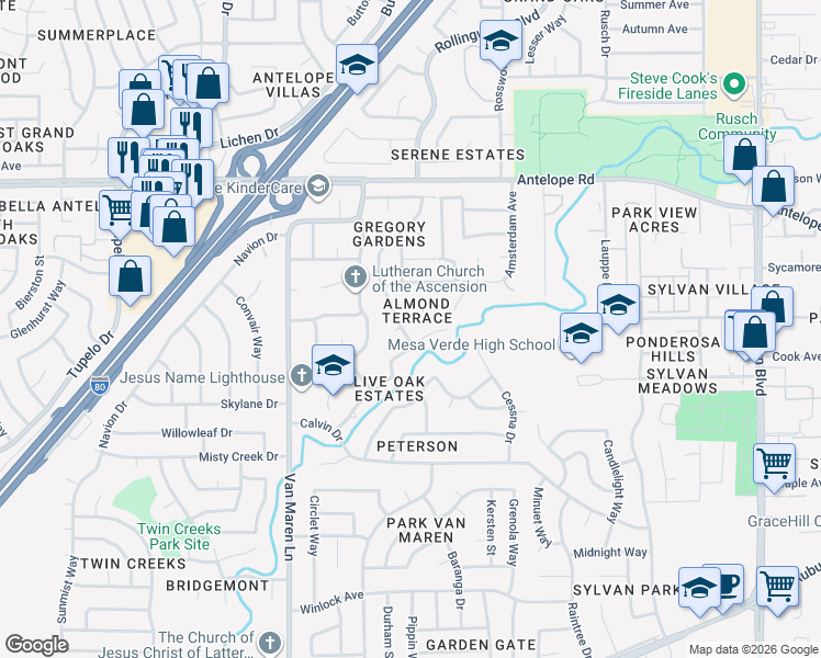 map of restaurants, bars, coffee shops, grocery stores, and more near 7506 Gingerblossom Drive in Citrus Heights