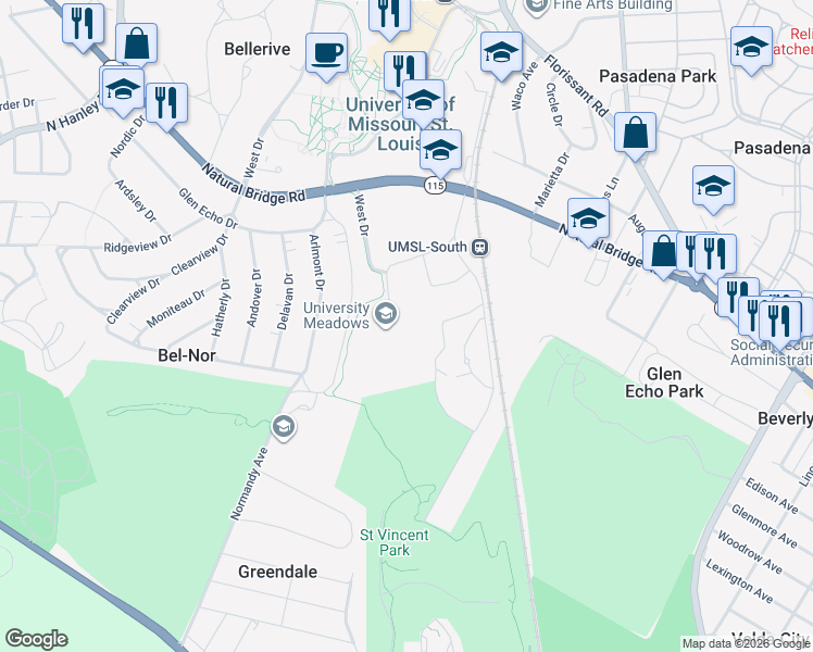 map of restaurants, bars, coffee shops, grocery stores, and more near 2901 University Meadows Drive in St. Louis