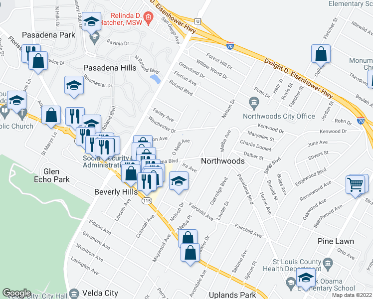 map of restaurants, bars, coffee shops, grocery stores, and more near 4215 Colonial Avenue in St. Louis