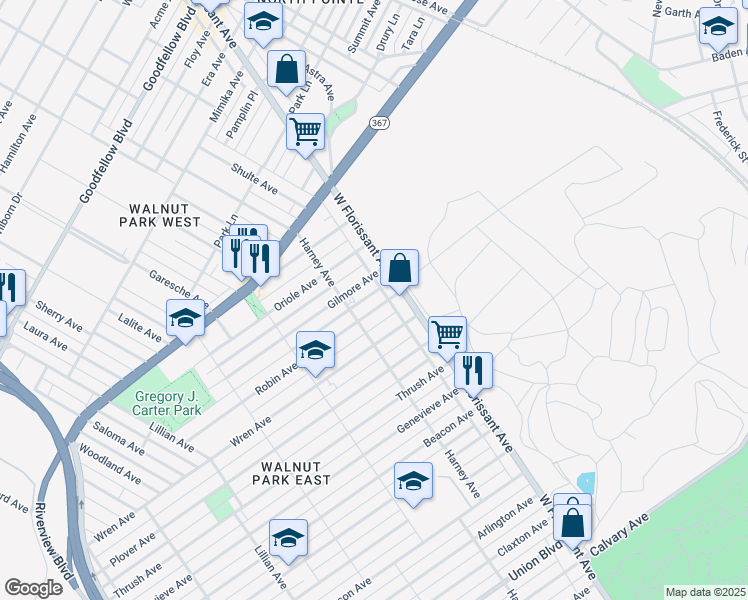 map of restaurants, bars, coffee shops, grocery stores, and more near 5531 Robin Avenue in St. Louis