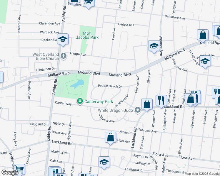 map of restaurants, bars, coffee shops, grocery stores, and more near 10120 Pebble Beach Drive in Overland