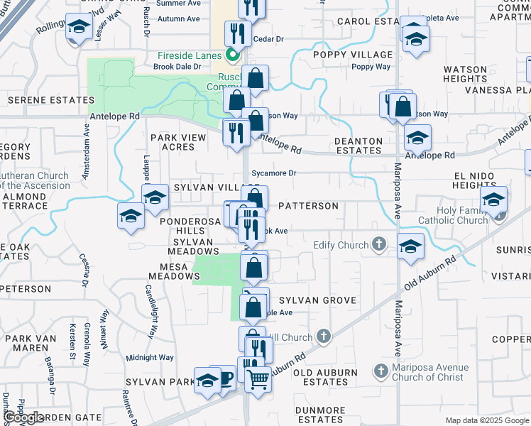 map of restaurants, bars, coffee shops, grocery stores, and more near 7542 Pratt Avenue in Citrus Heights