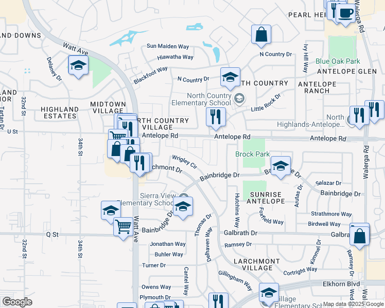 map of restaurants, bars, coffee shops, grocery stores, and more near 3660 Arroyo Seco Lane in North Highlands