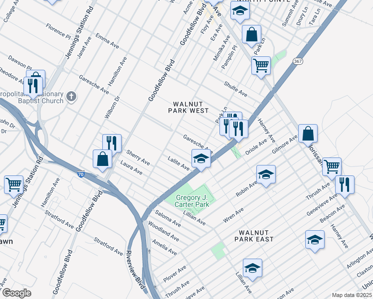 map of restaurants, bars, coffee shops, grocery stores, and more near 5953 Theodore Avenue in St. Louis