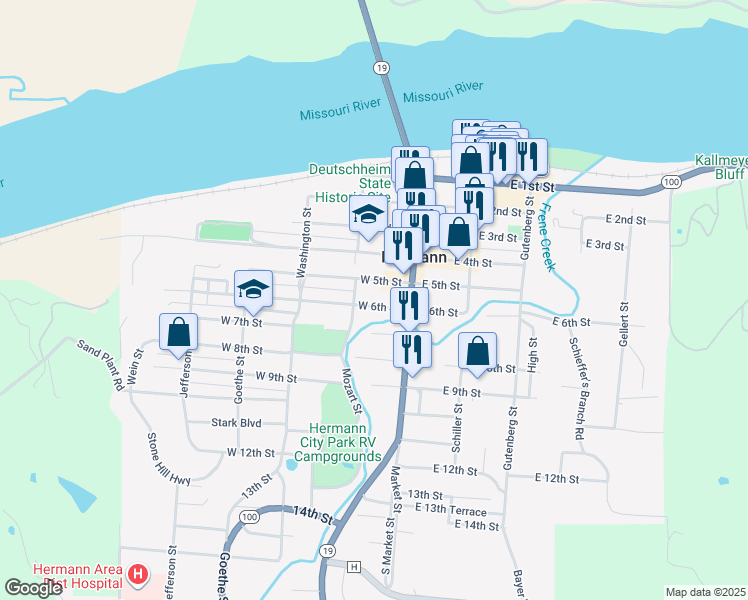 map of restaurants, bars, coffee shops, grocery stores, and more near 515 Mozart Street in Hermann