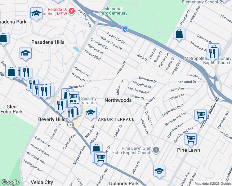 map of restaurants, bars, coffee shops, grocery stores, and more near 4311 Melba Avenue in St. Louis