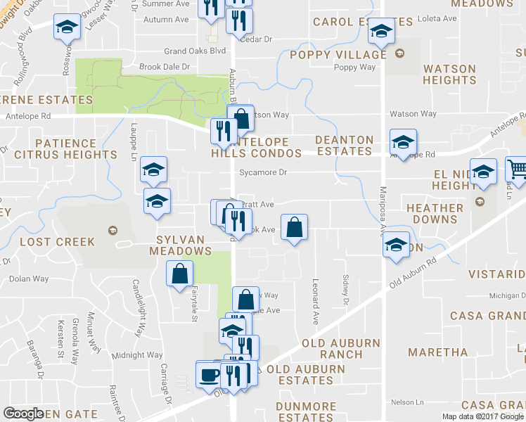 map of restaurants, bars, coffee shops, grocery stores, and more near 7542 Pratt Avenue in Citrus Heights