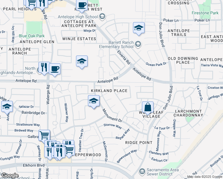 map of restaurants, bars, coffee shops, grocery stores, and more near 7517 Esteem Drive in Sacramento